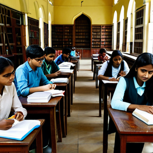 **Prompt:** A diverse group of fully clothed students studying together in the historic library of Dhaka University, Bangladesh. Books and academic materials are scattered on the tables. Focus on collaboration and intellectual curiosity. Safe for work, appropriate content, professional, modest clothing, perfect anatomy, correct proportions, natural pose, well-formed hands, proper finger count, natural body proportions.