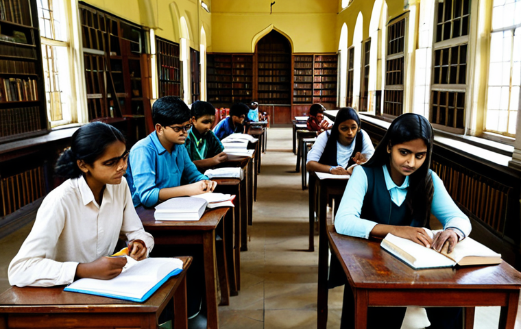 **Prompt:** A diverse group of fully clothed students studying together in the historic library of Dhaka University, Bangladesh. Books and academic materials are scattered on the tables. Focus on collaboration and intellectual curiosity. Safe for work, appropriate content, professional, modest clothing, perfect anatomy, correct proportions, natural pose, well-formed hands, proper finger count, natural body proportions.